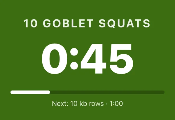 PushPace during a kettlebell EMOM: 10 GOBLET SQUATS, 0:45 left, round 1 of 4, next: 10 kb rows